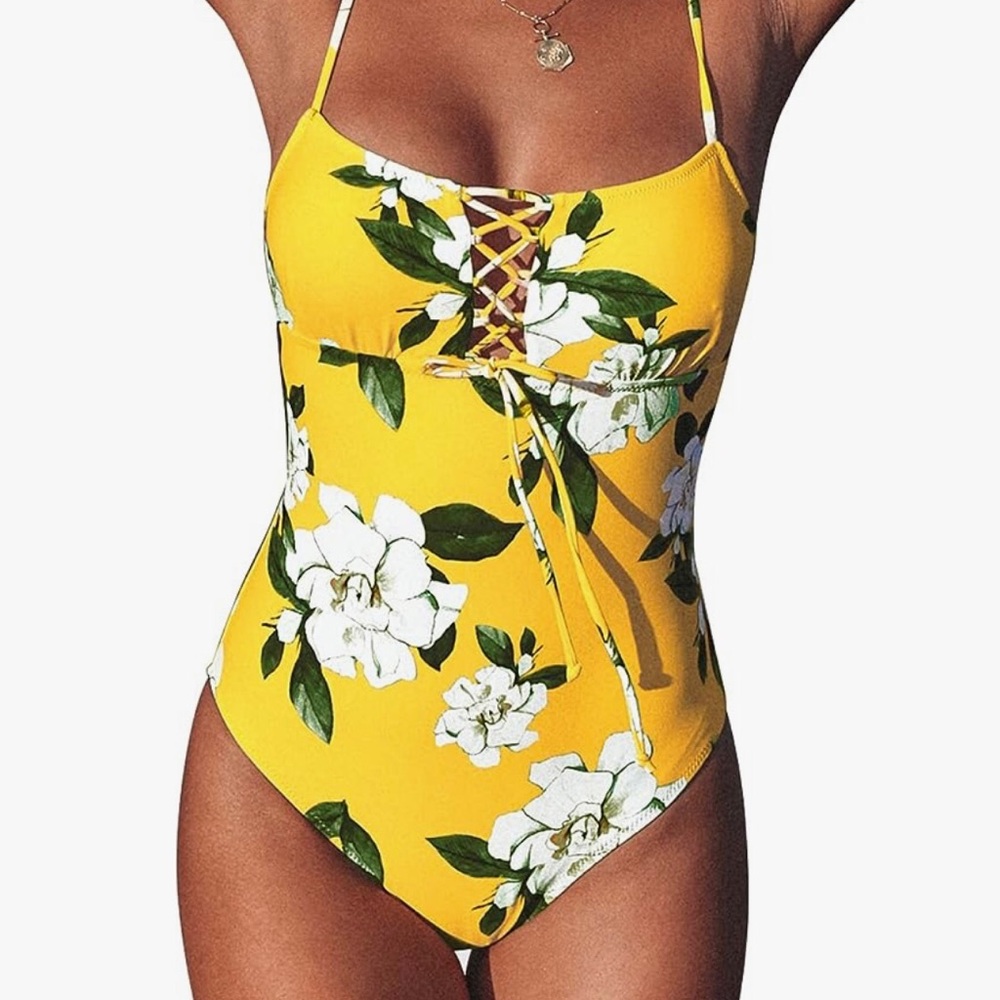 Floral lace up one piece swimsuit
